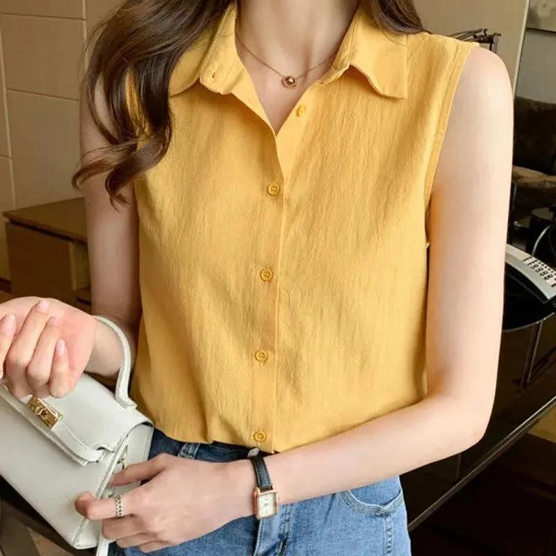 Korean Commuter Chiffon Blouse Summer New Women's Polo-Neck Button Fashion Loose Casual Ventilate Sleeveless Shirt Tops