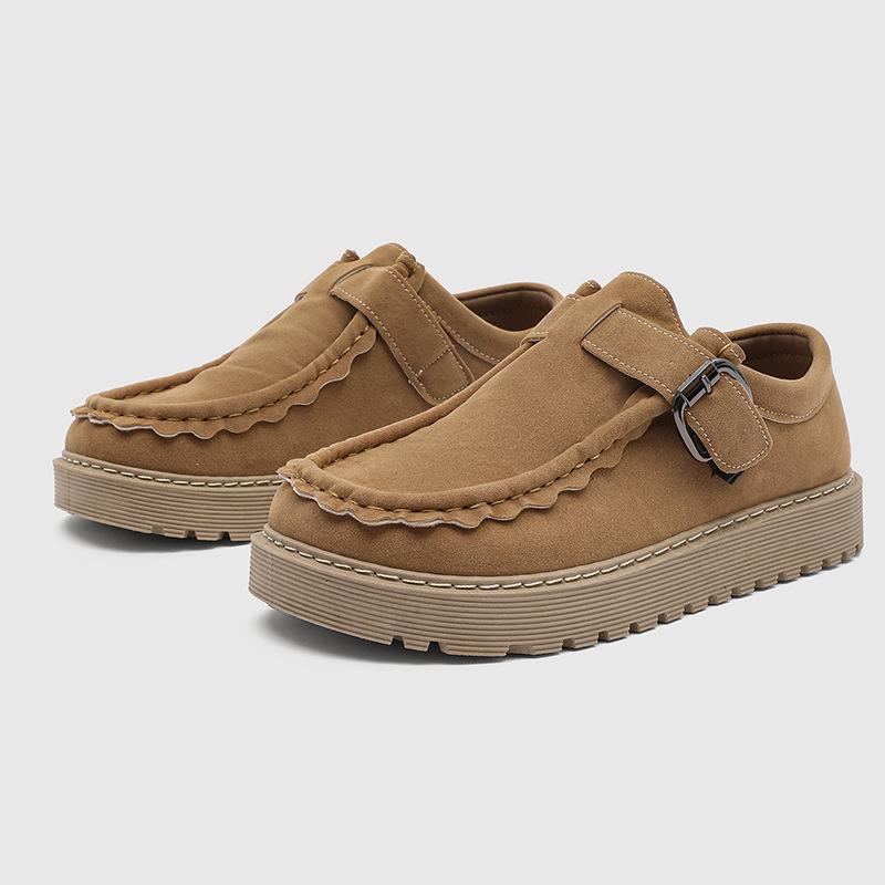 2025 Autumn New Thick-soled Loafu Kangaroo Shoes Men's One-pedal Flat-soled Muffin Bottom Belt Buckle Lazy Single Shoes