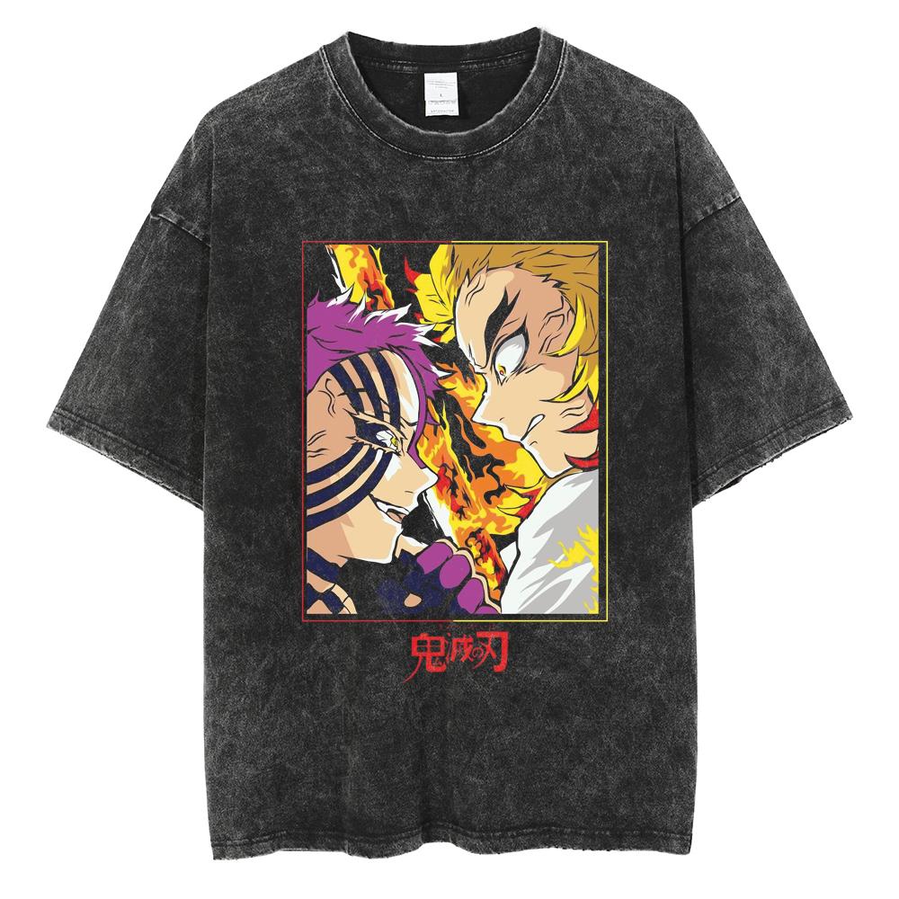 Anime Demon Slayer Nezuko Zenitsu Tanjirou Inosuke Print T-shirt Men Manga Cotton Tshirts Retro Washed T Shirt Harajuku Male Top