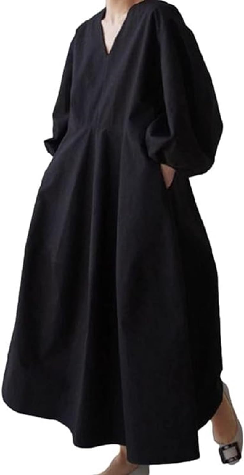 

balloon voluminous long maxi high relaxed retro [1/2plus] One-piece dress, sleeve, V-neck, dress, waist, fit, style, women s (XL, Black) чёрный