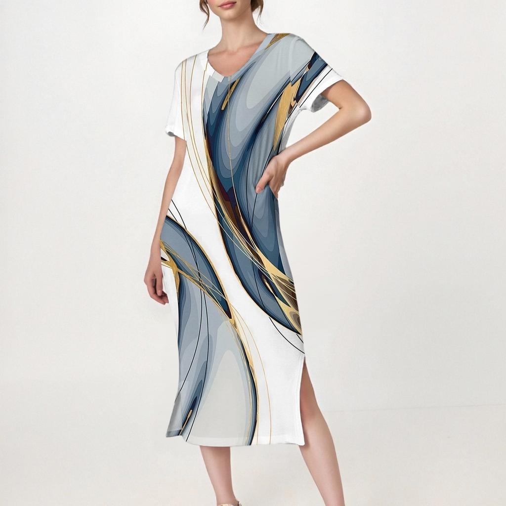 Women's Casual Print V-Neck Short Sleeve Hem Slit Dress With Pockets