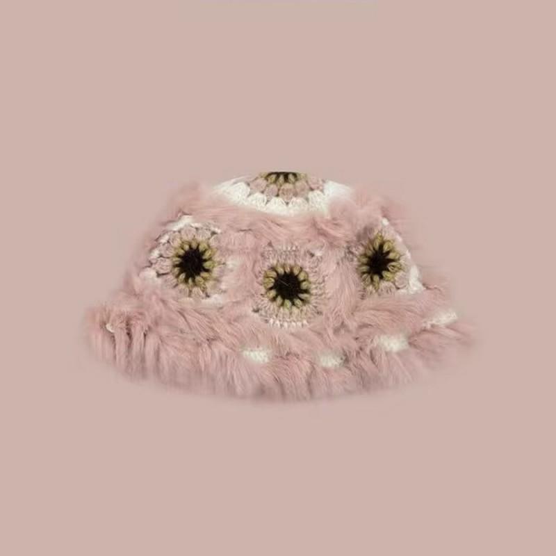 Fashion Rabbit Fur Patchwork Knit Bucket Hat Women Warm Fall Winter Large Head Size Face Slimming