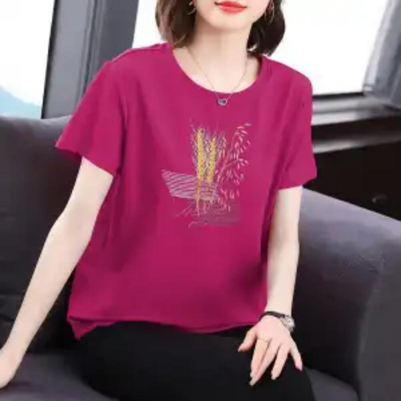 Women's Summer Black Wheat Embroidery Crew Neck Short Sleeve T Shirt