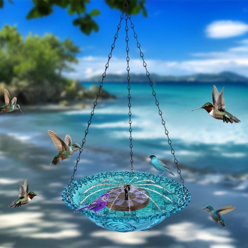 Hanging Outdoor Bird Bath Fountain Solar Powered Fountain Attracts Birds Squirrels  Large Capacity Garden Feeder