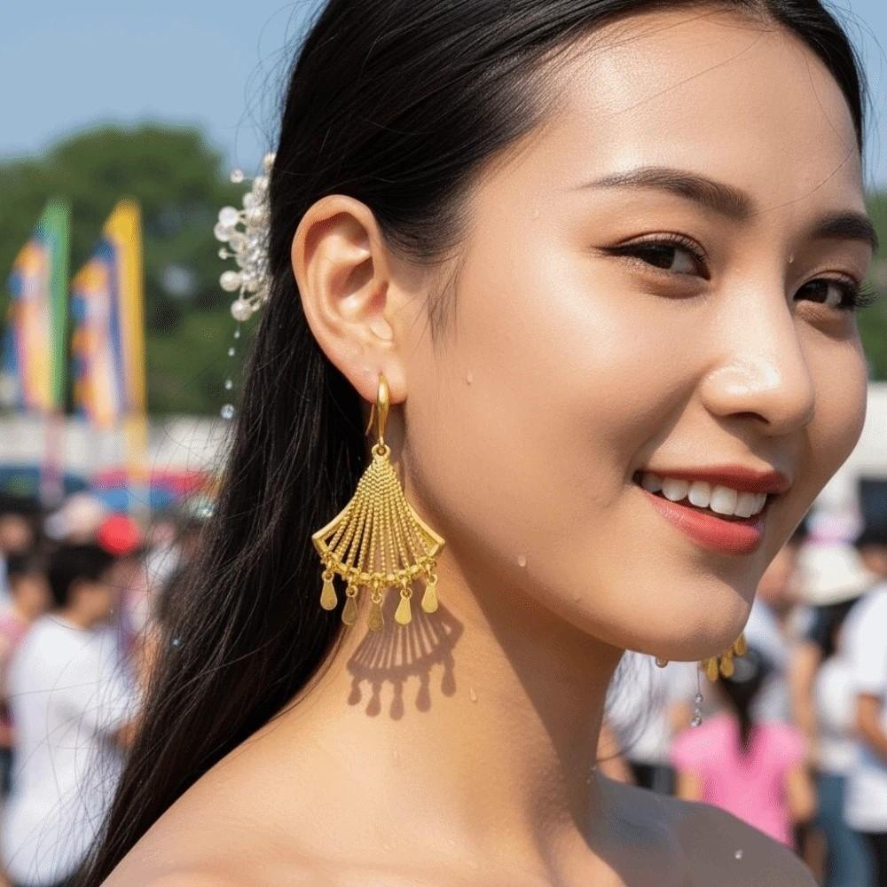 1 pair Temperament Fan Shaped Tassel Earrings Zinc Zinc Alloy Peacock Earrings Thai Golden Eardrops  Women