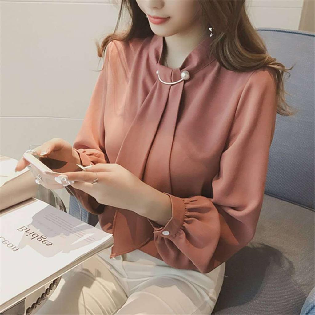 Elegant Blouses for Women Korean Style Long Sleeve Thin Spring Tops Casual Solid Shirts