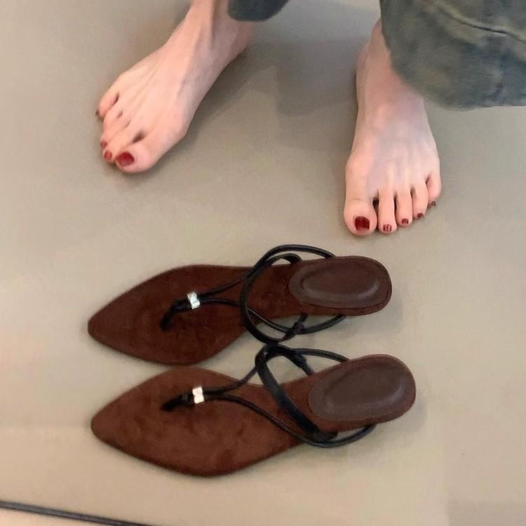 Soft leather version~ Simple two-wear retro wedge heel Roman shoes, women's pointed toes with thin belt temperament, open-toed toe sandals