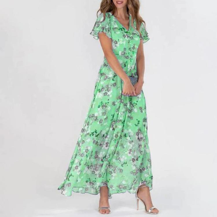 Dame Blomstret Chiffon Swingkjole Lang Kappe V-hals Kort Erme Midje Flytende Sommerkjole Mote