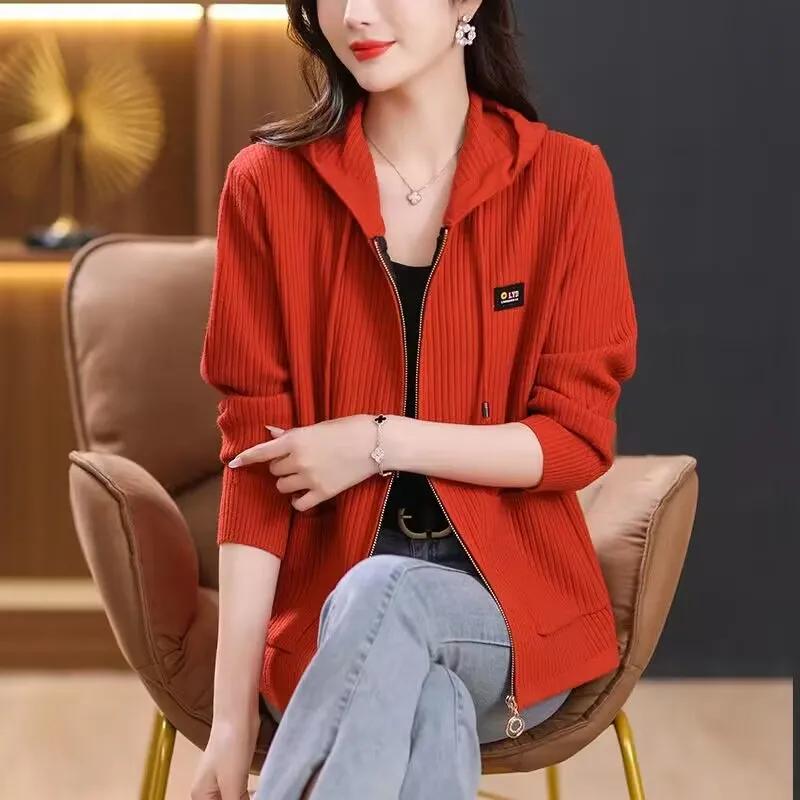 Women's Fall Short Pocket Cardigan Knitted Jacket Middle Aged Loose Hooded Jacket