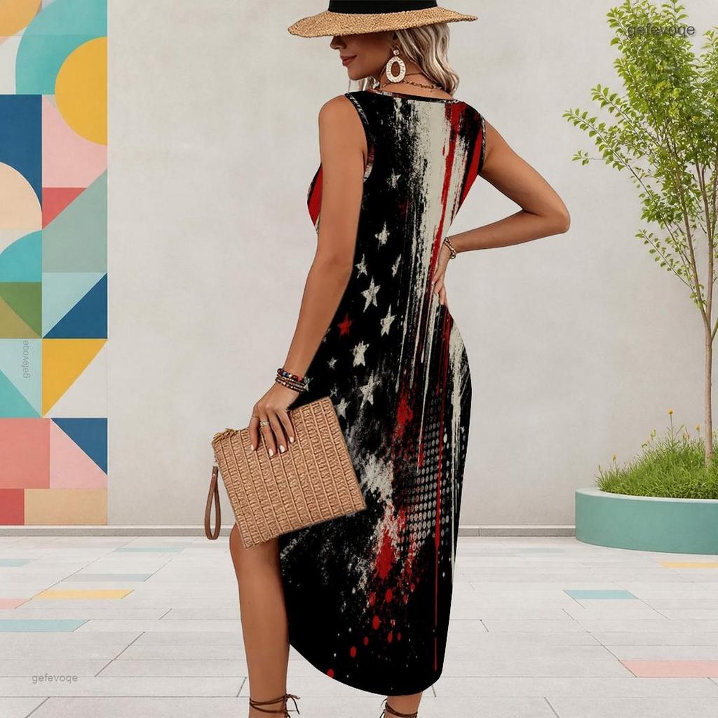 Women Plus Size U Neck Sleeveless Printed Midi Dress Abstract Gold Black High Side Slit