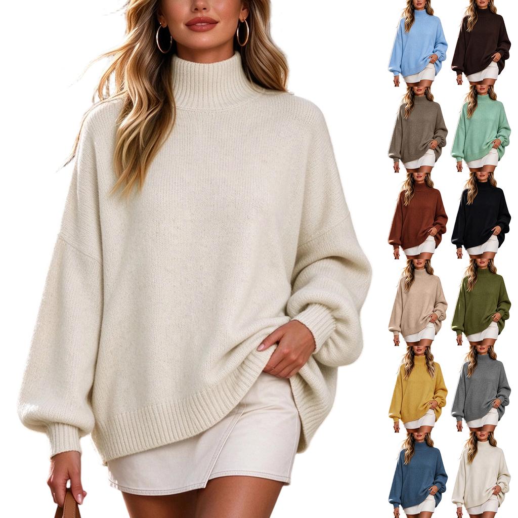 Women's Casual Half Turtleneck Loose Fit Drop Shoulder Sleeve Soft Knit Pullover Sweater