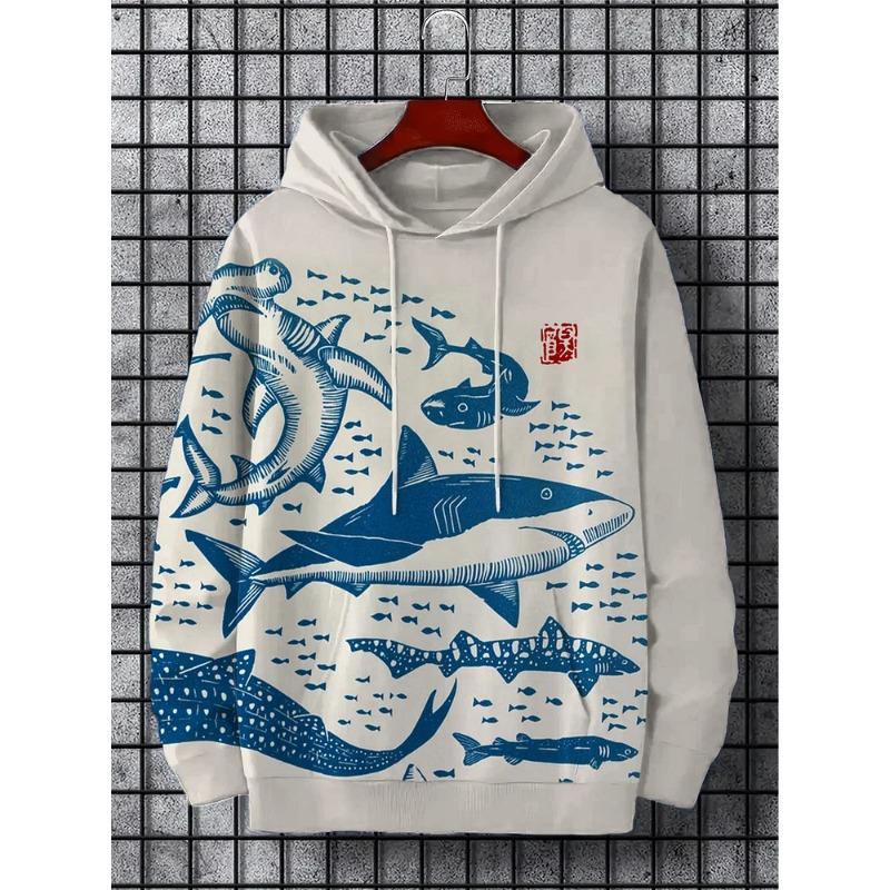 Zábavná japonská harajuku móda pánská mikina ležérní Y2k mikina pánská podzimní a zimní vzor mořské velryby sportovní mikina