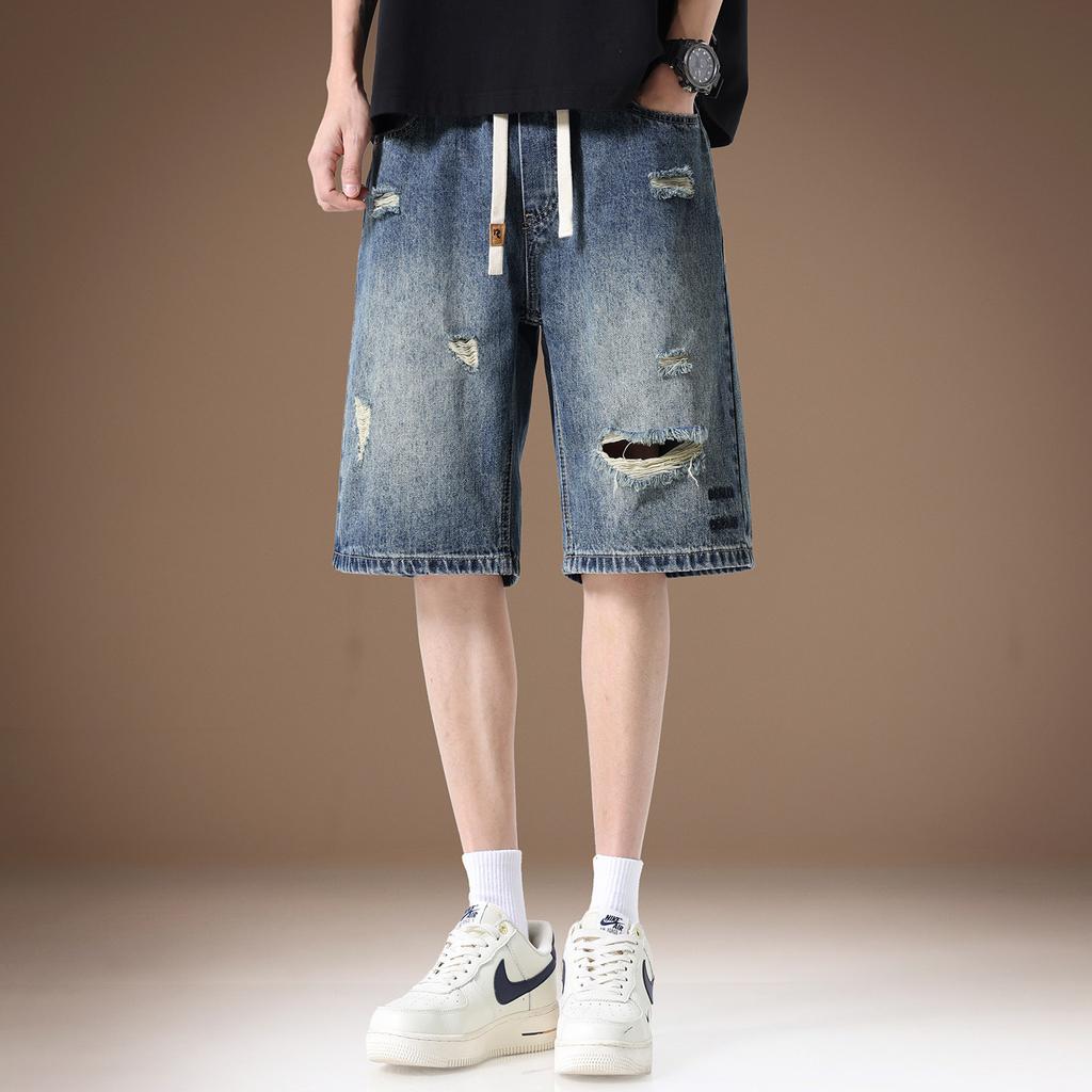 High-end American retro ripped washed old denim shorts men's summer thin breathable straight trendy five-point pants