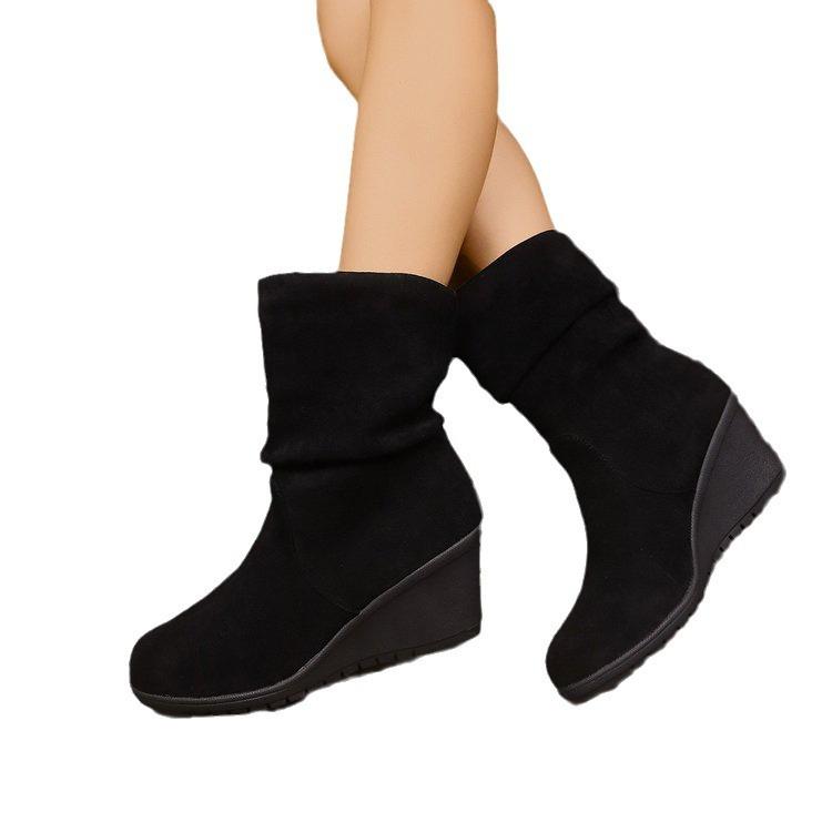 Große Größe Keilabsatz dicke Sohle erhöhend Mode Stiefel Herbst und Winter Wildleder runde Spitze europäischer und amerikanischer Stil Damenstiefel