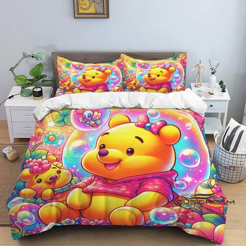 A Set of Pooh Bear Themed Bedding, 3D Digitally Printed, All-season Polyester Duvet Cover and 2 Pillowcases.
