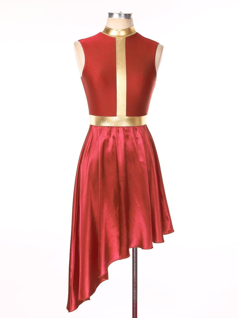 Women's Lyrical Dance Performance Dress: Color Block Patchwork with Invisible Back Zipper & Flowy Asymmetrical Hem