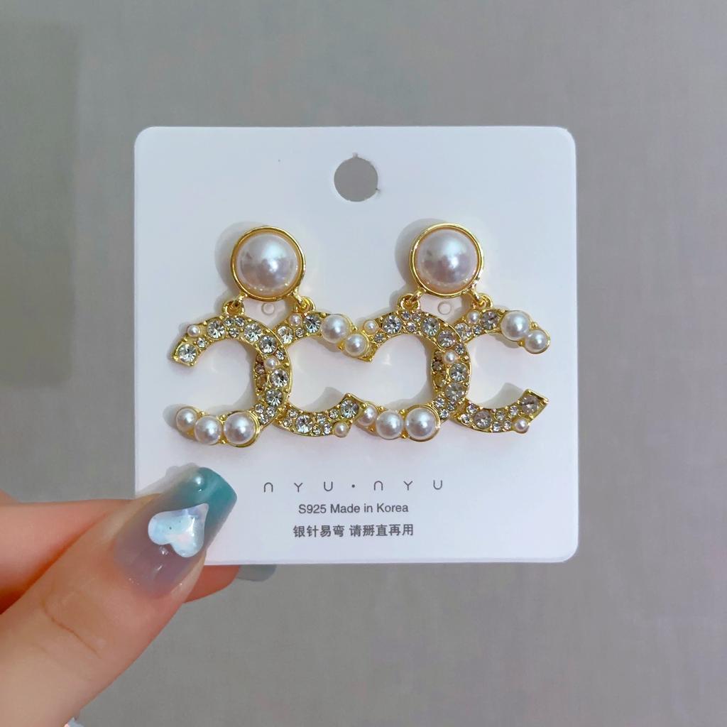 925 Silver Needle Temperament High-end Full Diamond Pearl Earrings Women's ins Wind Geometric Earrings Korean Light Luxury Earrings