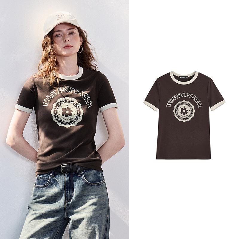 TOYOUTH Women T-shirt 2026 Summer New Cool Feeling Lyocell Cotton American Retro Letter Flower Slim Fit Top S темно-коричневого