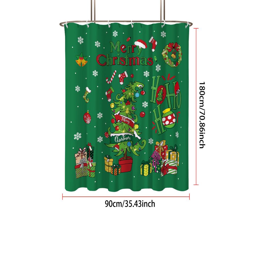1pc Merry Christmas Green Printed Waterproof Shower Curtain with 12 Hooks, Available In Multiple Sizes and Machine Washable