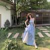 Blue Plaid Lace Suspender Dress Women's Summer Dopamine Bright Wear Seaside Vacation Beach Sunset Dress