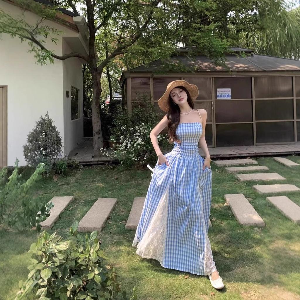 Blue Plaid Lace Suspender Dress Women's Summer Dopamine Bright Wear Seaside Vacation Beach Sunset Dress