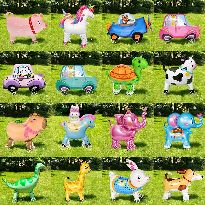 Large Size 4D Dinosaur Dog Cat Standing Foil Balloons Animals Walking Balloon With Wheel For Kids Birthday Party Decoration