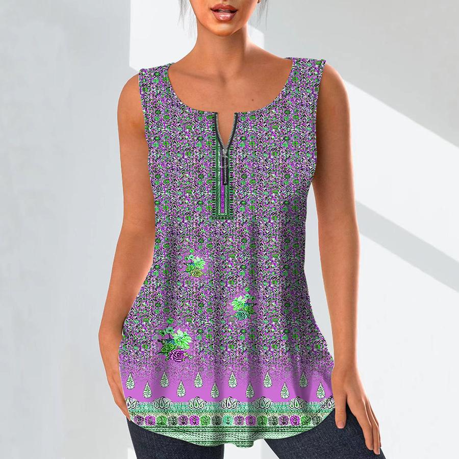 Women's Fashion V Neck Shirts Casual Tops T-shirt Ladies 3D Retro Pattern Print Vest Plus Size Sleeveless Blouse Tank Tops