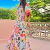 Summer Dress Elegant Women Flower Printed Maxi Dress High Waisted Short Sleeve Square Collar Fashion Holiday Dresses