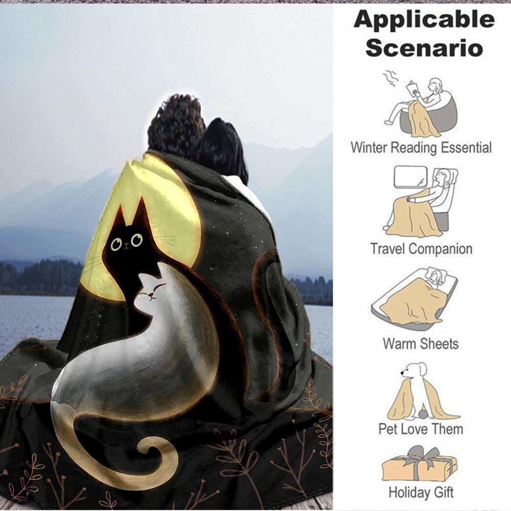 1pc Night Cats Print Blanket - Lightweight Flannel Blanket For Sofa, Bed, Living Room, Office, Outdoor Travel, Camping, Soft 050