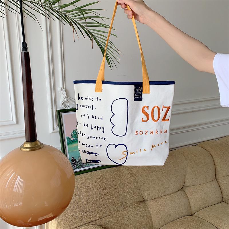 

Новая контрастная холщовая сумка с вышитой тесьмой, женская сумка через плечо большой вместимости для студентов, переносная сумка-тоут белый