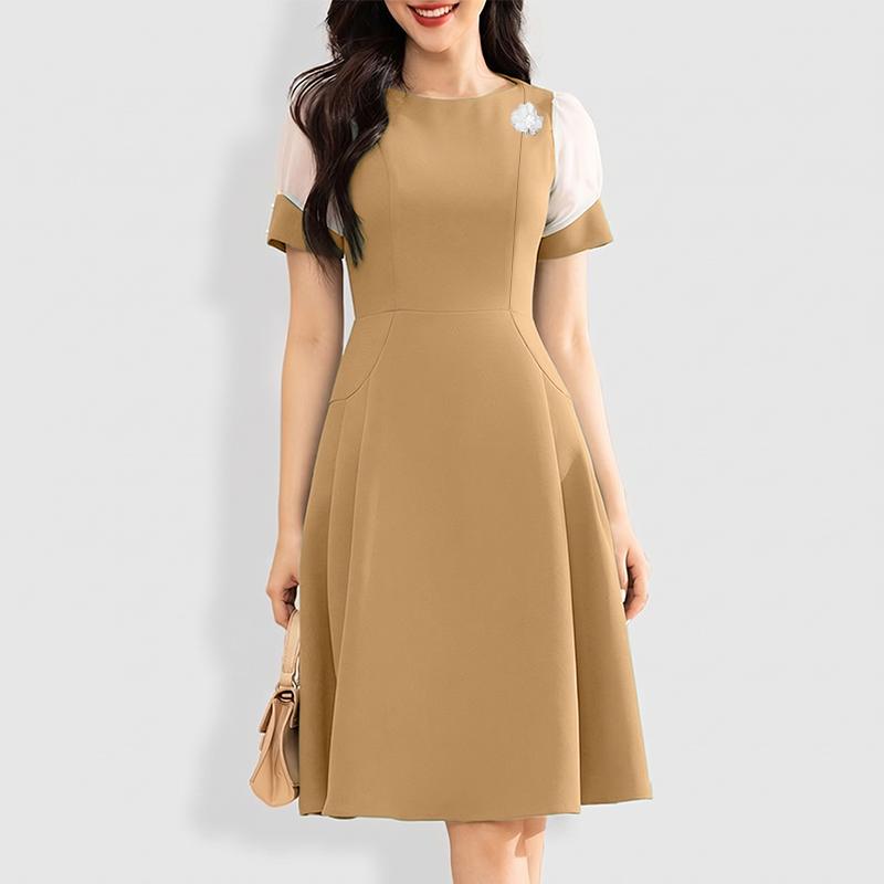 ZANZEA Women Casual Round Neck Mesh Splice Short Sleeve Summer Dress M хаки