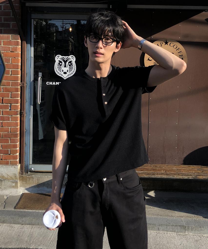 Dei [Henley Neck, Round] Semi-Crop Knit Short Sleeve T-Shirt (2 Stries) (B Type)