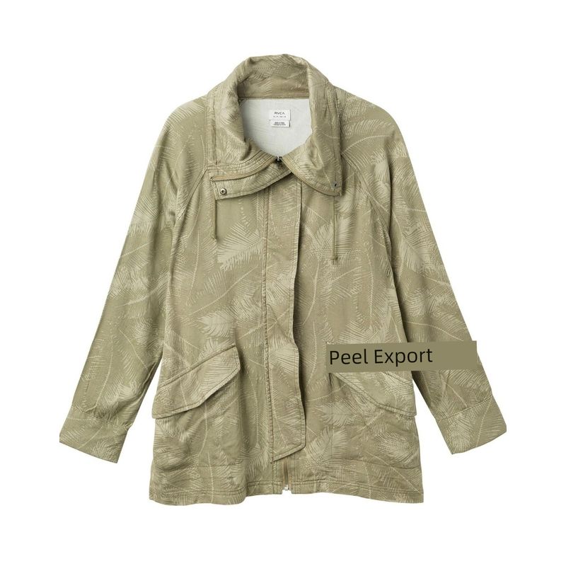 

American Surfing RVCA Soft Glutinous Silk Floss Heavy Industry Hidden Zipper Tooling Style Mid Length Long Length Cigar Outwear Khaki Print(Non-Refundable) M