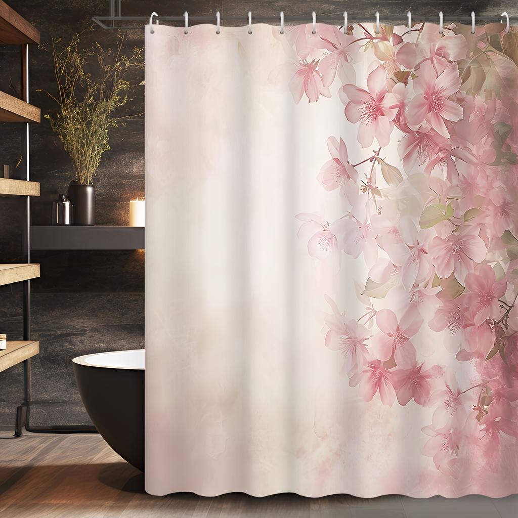 1Pc Shower Curtain - Elegant Pink Floral Design With Soft Gradient Background For A Serene Bathroom Experience Waterproof