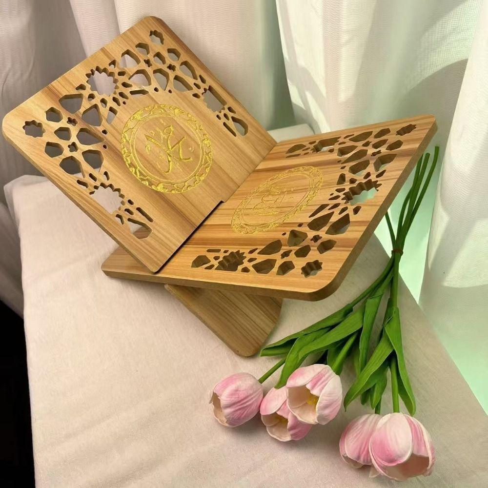 Flower Pattern Wooden Quran Holder Elegant Style Detachable Holy Book Shelf Hollow Out Recipe Storage Rack Office