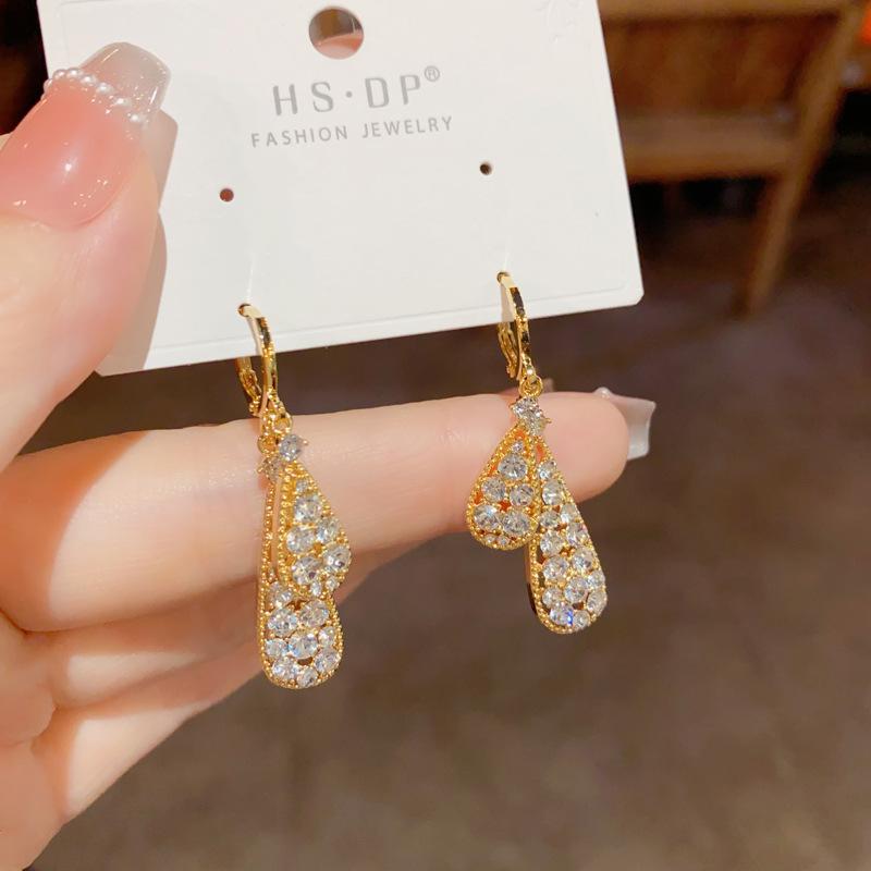 Double-layer Full Zircon Teardrop Earrings Light Luxury Temperament High-end Exquisite Versatile Earrings