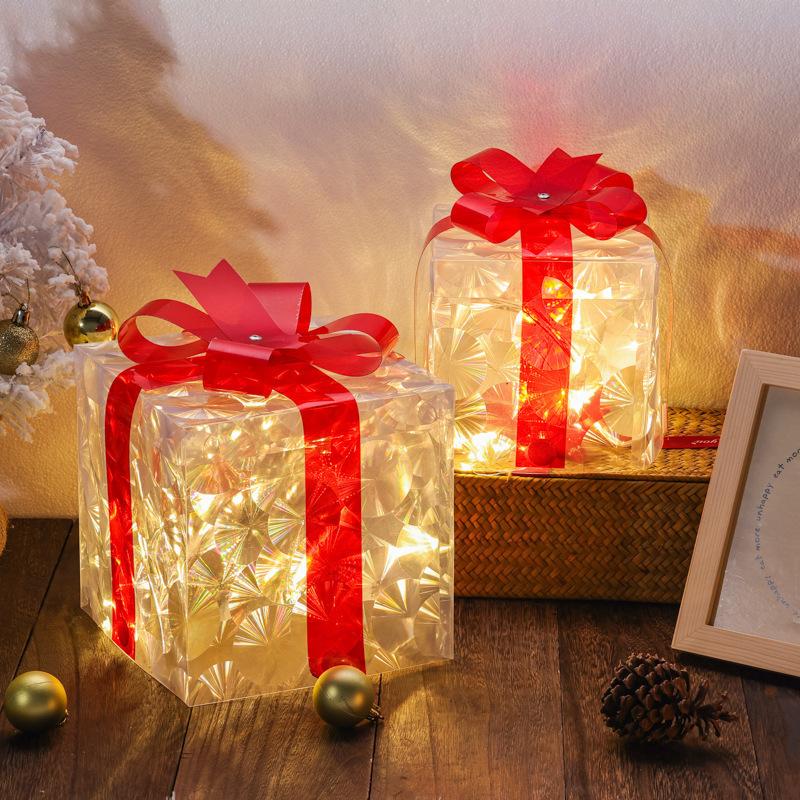 Christmas Lighted Gift Box With Bow Transparent LED Warm White Box Lights for Indoor Holiday Home Decoration Xmas Tree Ornaments