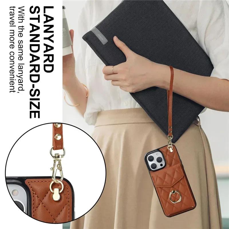 Crossbody Lanyard Leather Wallet Card Phone Case for iPhone 17 Air 16E 16 15 Pro Max 14 Plus 13 12 11 X XS XR Ring Flip Cover