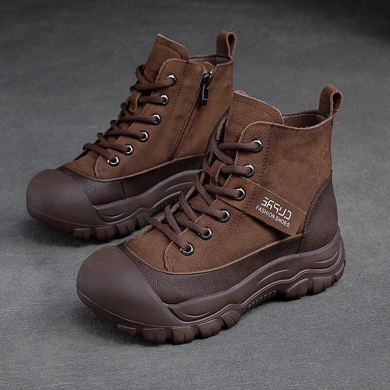 Johnature Cizme scurte calde de pluș de iarnă, retro, din piele naturală, de culoare uni, pantofi de damă, versatili, confortabili