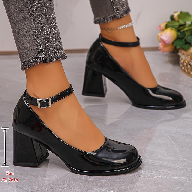 Ankle Strap Chunky Heel Mary Janes Pumps Women Fashion Black Patent Leather Dress Shoes Woman Elegant Round Toe High Heels Pumps