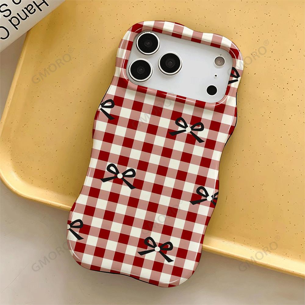 Hot-selling red plaid bow for Apple 16pm wave mobile phone case 17 double-layer film protective case