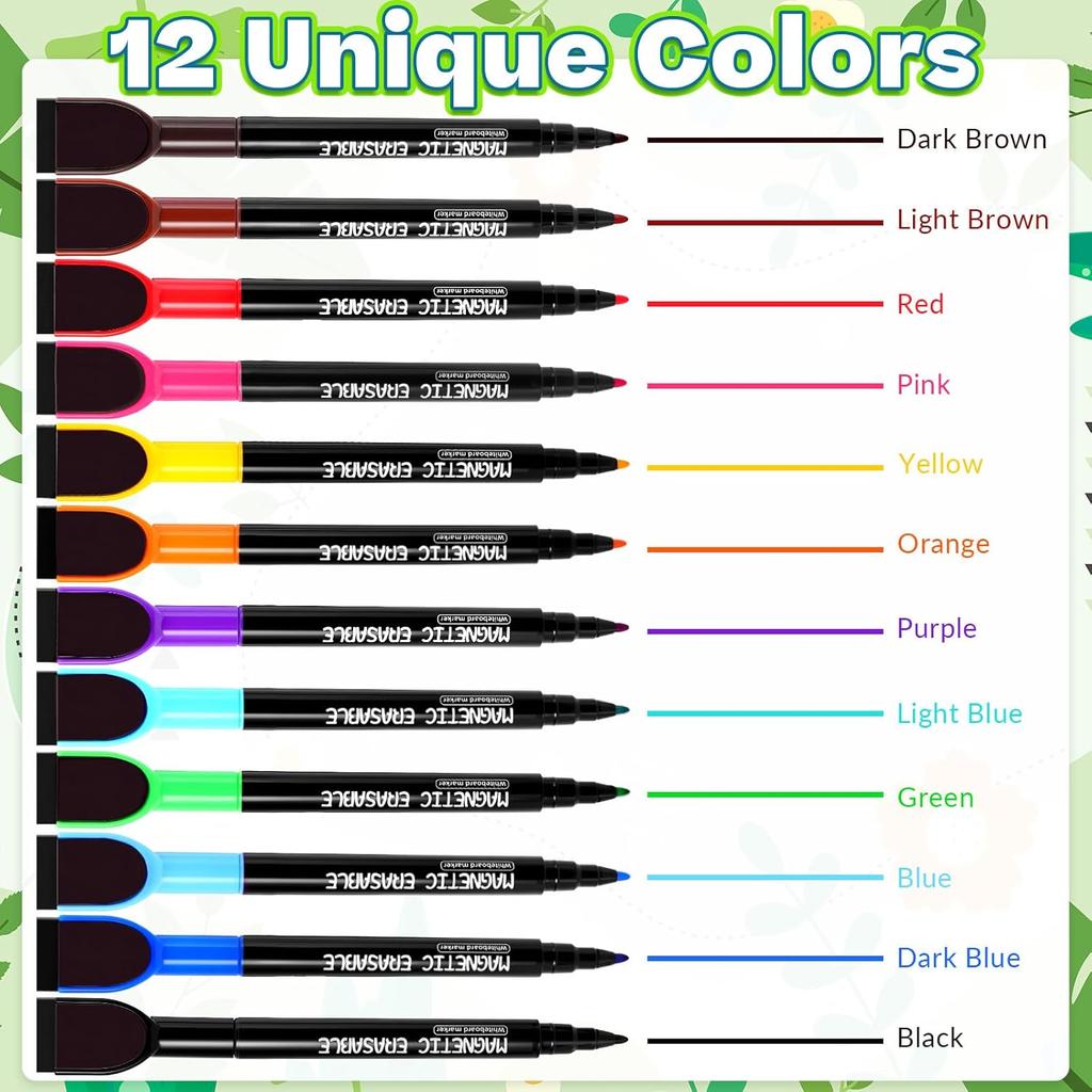 Dry Erase Markers, 12Pcs Colorful Magnetic Whiteboard Markers, 1mm Fine Tip Magnetic Dry Wipe Pens with Eraser Cap, Low Odor Thin Dry Erase Markers