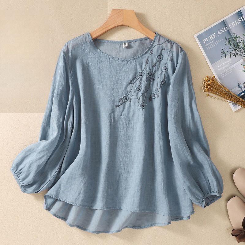 Tricou Larg Mărime Mare pentru Femei, Brodat, cu Gât Rotund, Subțire, Respirabil, Top de Bază