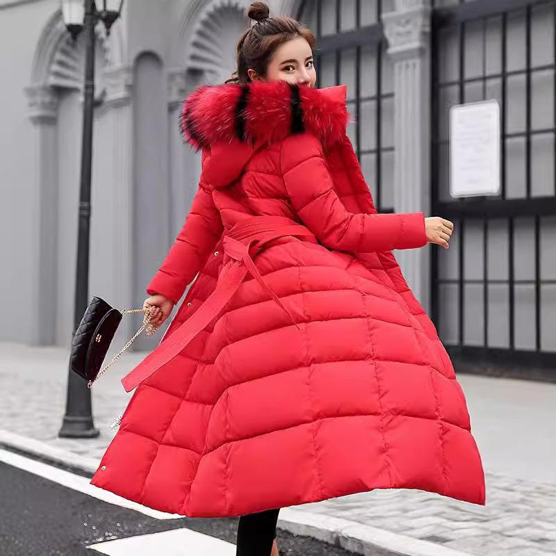 Winter New Cotton-padded Women's Medium and Long Knee-length Thickened Large Fur Collar Down Cotton-padded Jacket
