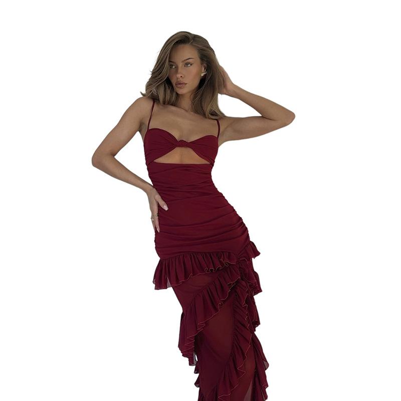 Autumn and Winter New Sexy Hot Girl Hollow Side Slit Backless Mesh Suspender Dress for Women