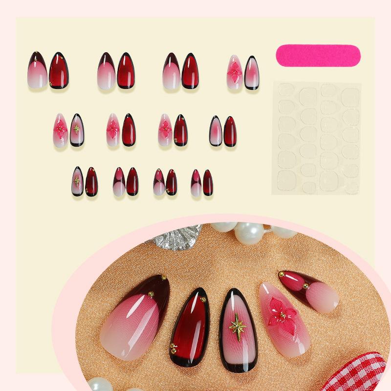 24 STÜCKE Retro Rot Rouge Farbverlauf Französisches Falschnagel-Set Süß Cool Blume Mandel Falsche Nägel für Frauen Tragbare Luxus Nagelspitzen Kunst