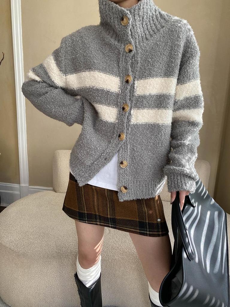 Cardigan tricotat cu dungi contrastante în două direcții Sinan SN6889