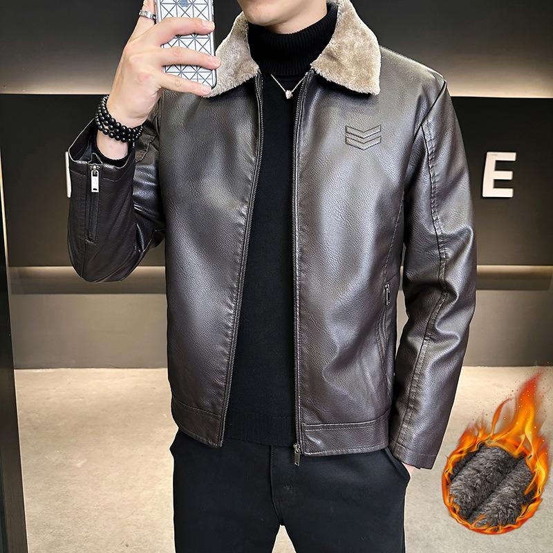 Fleece-linedthickened leather jacketmen leather fleece-linedthickenedheattech fur collartrendyeasiest for match cross-borderoutwear
