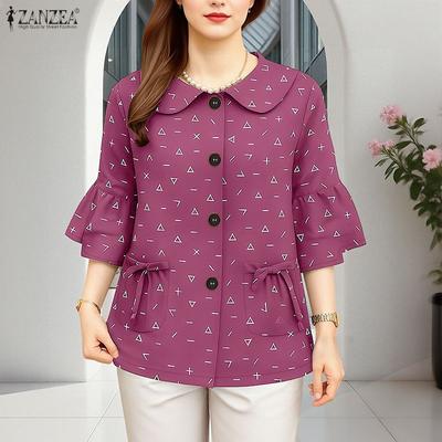 Women Turn Down Collar Loose Casual 3/4 Sleeve Print Blouse