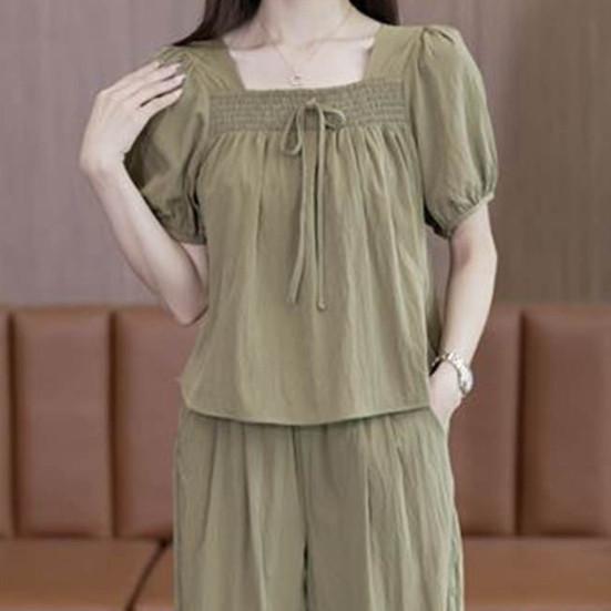 2 buc/set femei set culoare solidă fundă pătrat plisat cu mânecă scurtă top pantaloni gât top lat